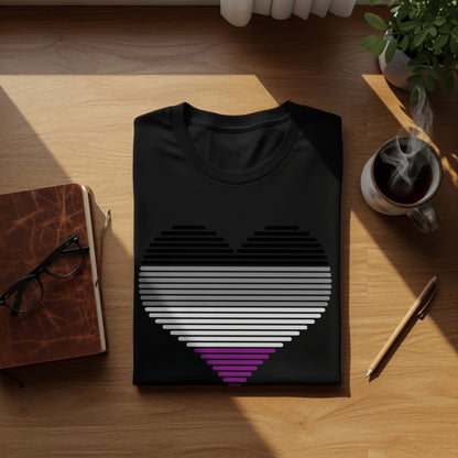 Black t-shirt with a heart made of horizontal stripes in grey, white, and purple.