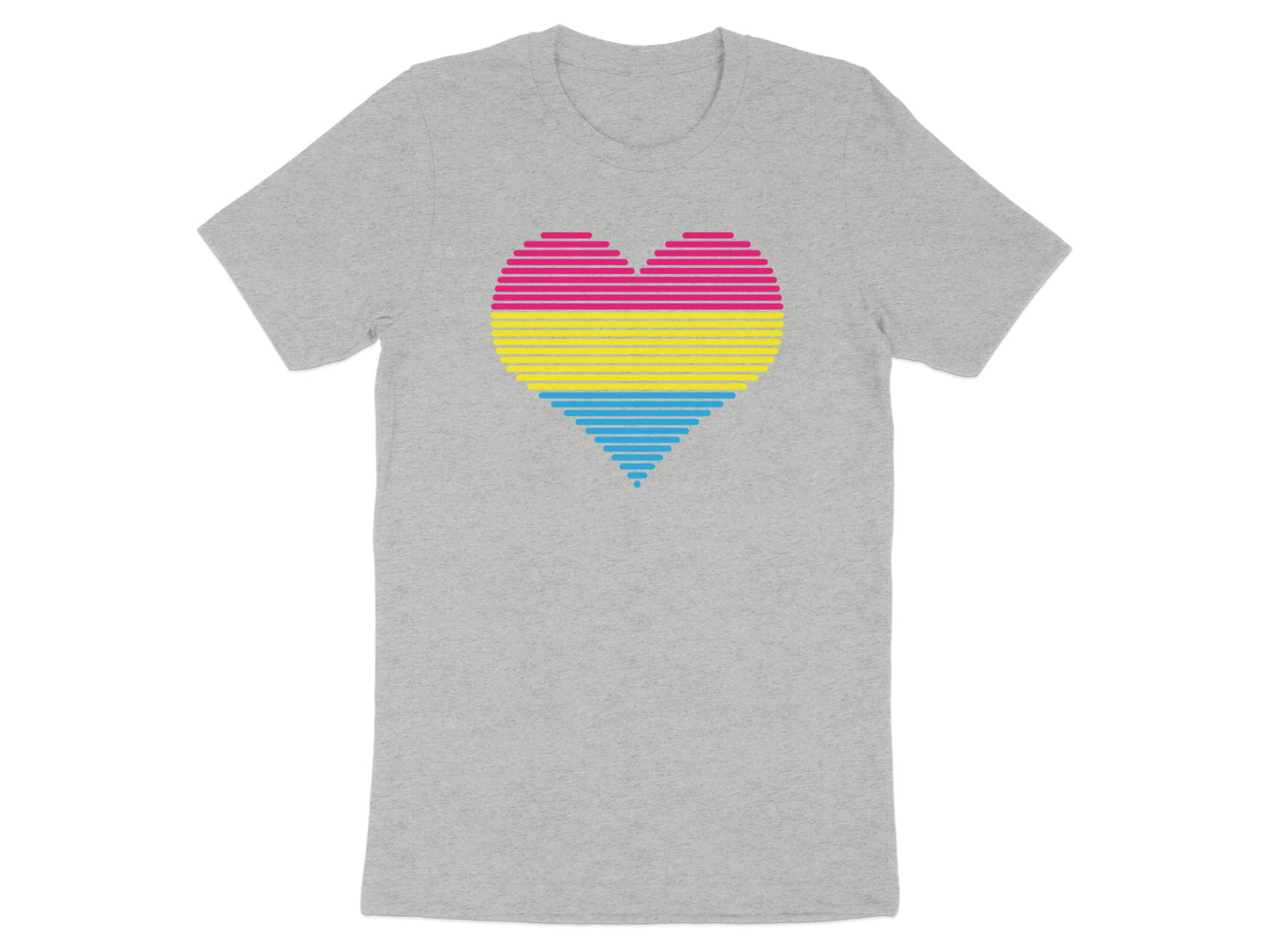Grey t-shirt with pansexual pride heart design.