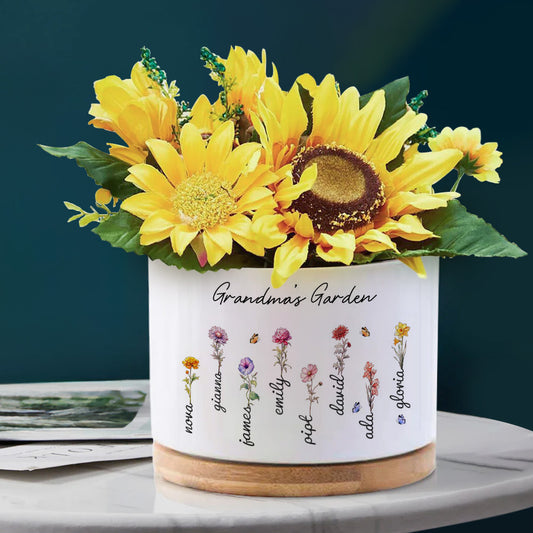 8 Name for Grandma's Garden Personalized Ceramic Flower Pot with Birth Flower and Name