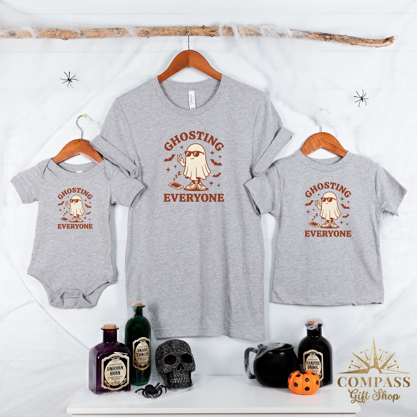 Grey t-shirts and onesie with "Ghosting Everyone" text and a ghost graphic.