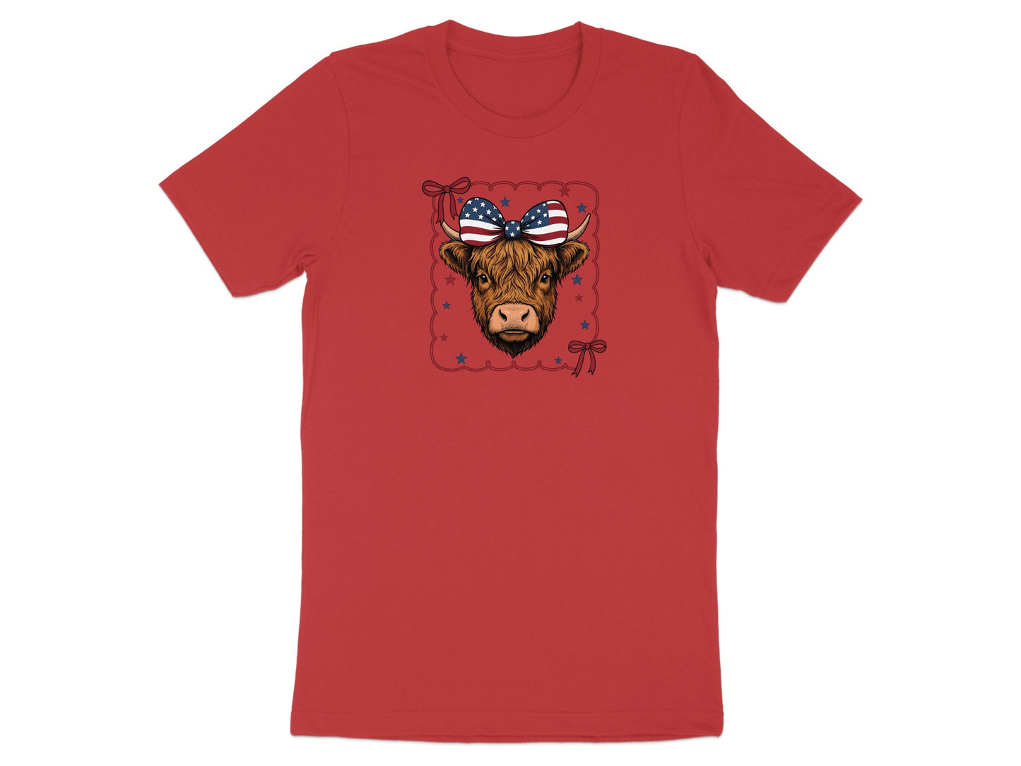 Highland cow wearing a patriotic bow on a red t-shirt.
