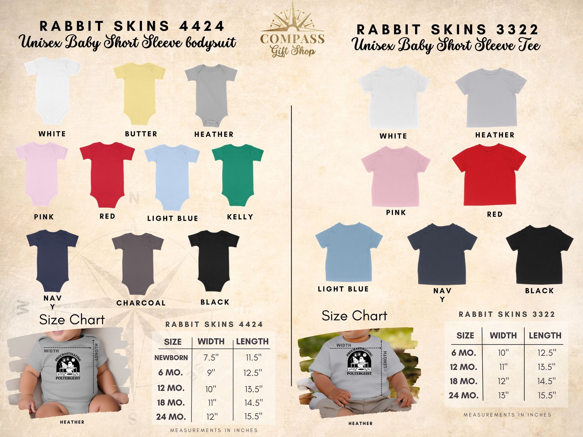 Rabbit Skins 4424 baby bodysuits and 3322 baby tees in various colors with size charts.