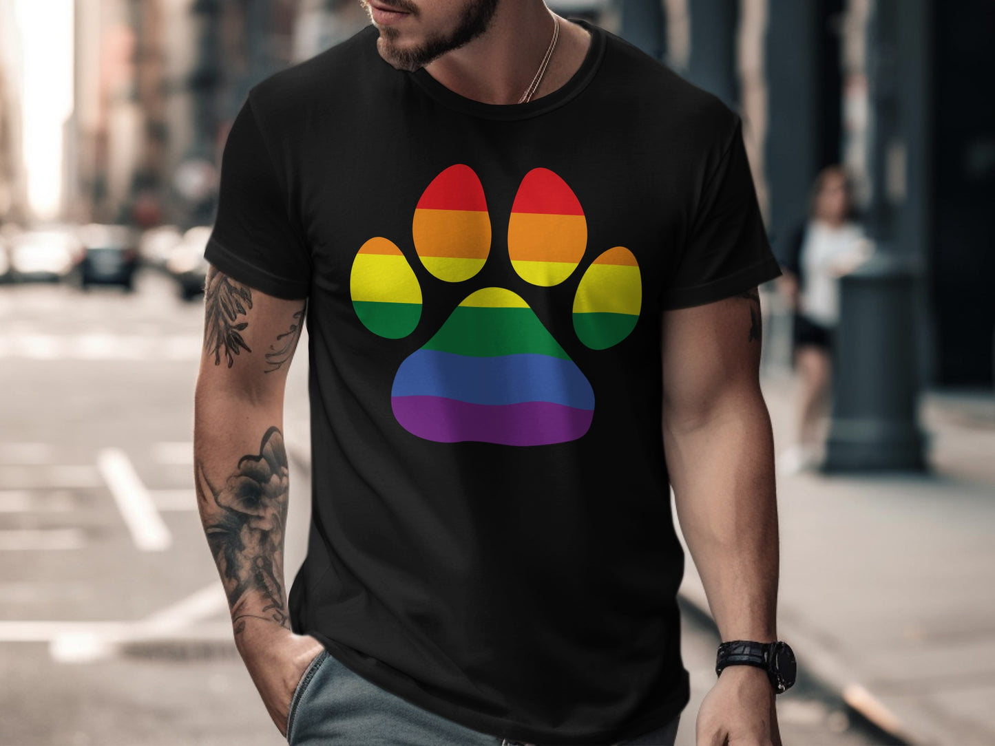 Black t-shirt with a rainbow paw print on chest.