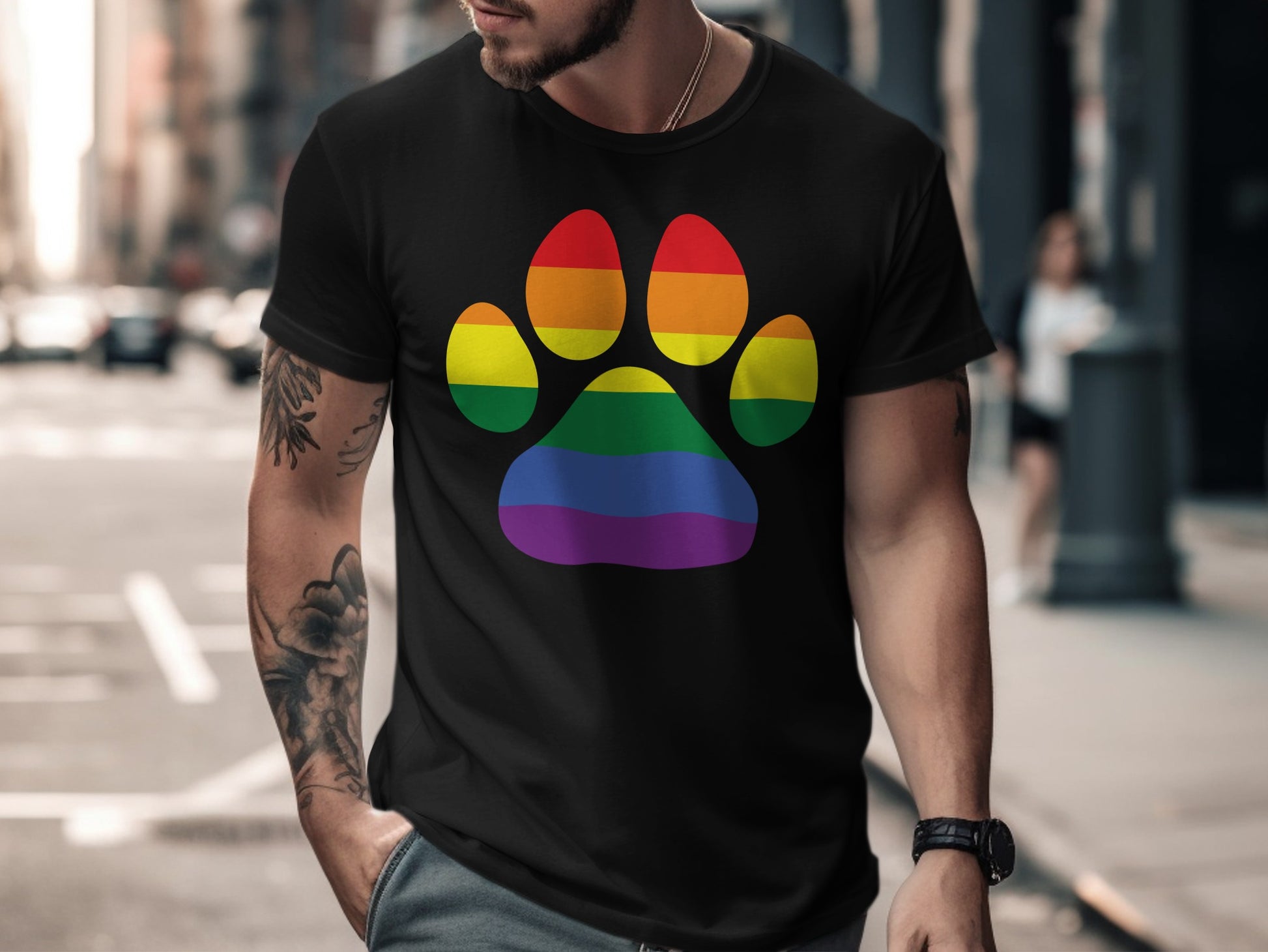 Black t-shirt with a rainbow paw print on chest.