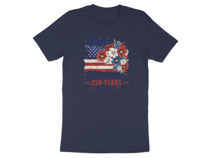 Navy t-shirt with American flag and floral design, celebrating 250 years.