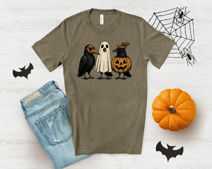 T-shirt with crow in plague mask, ghost, and pumpkin crow.