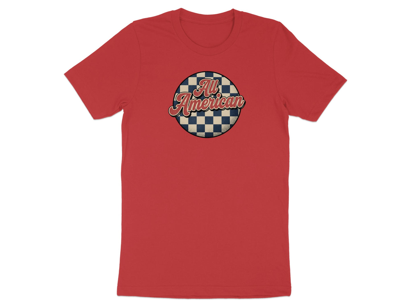 Red t-shirt with "All American" text inside a checkered circle.