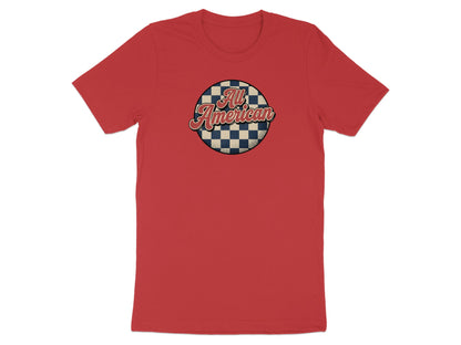 Red t-shirt with "All American" text inside a checkered circle.