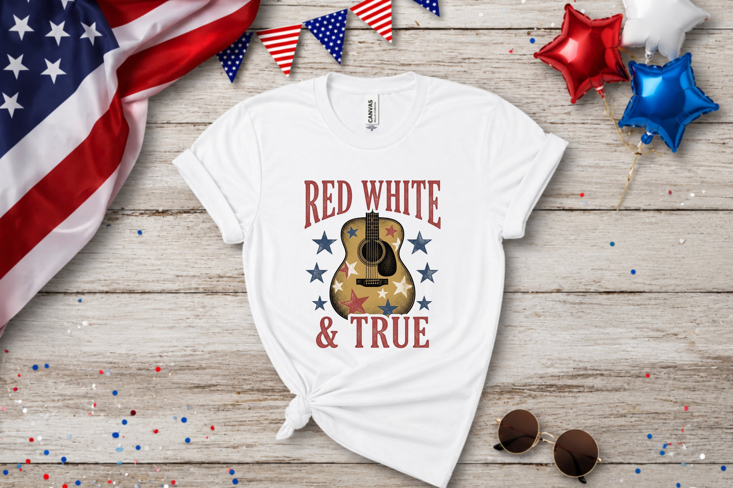 White t-shirt with "Red White & True" and a guitar design.