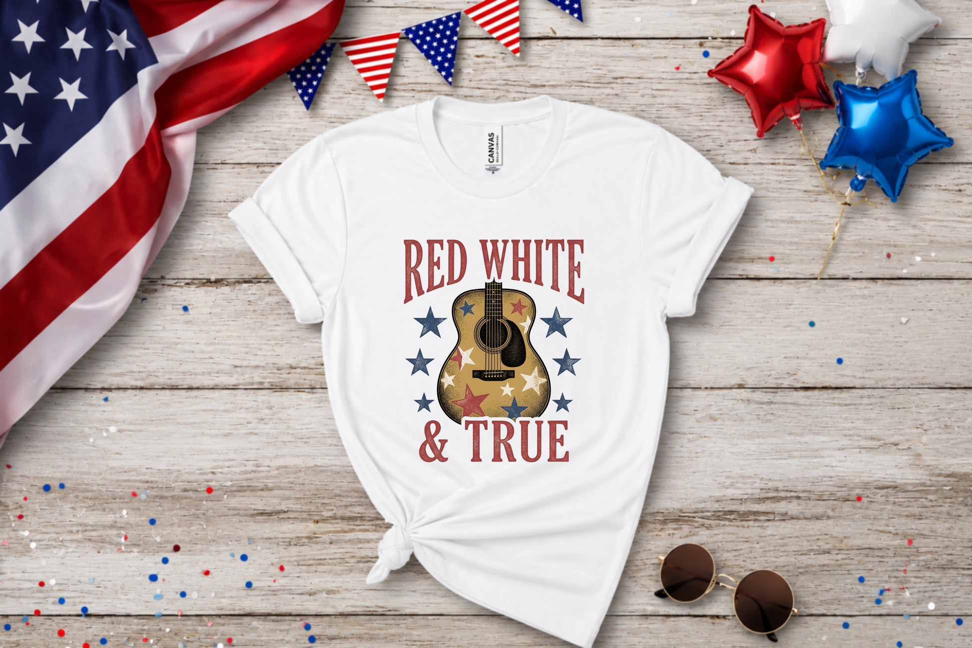 White t-shirt with "Red White & True" and a guitar design.