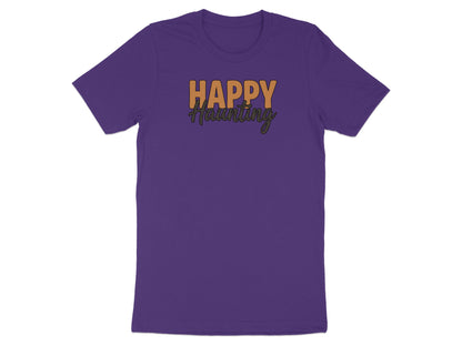 Purple t-shirt with "Happy Haunting" text in orange and green.