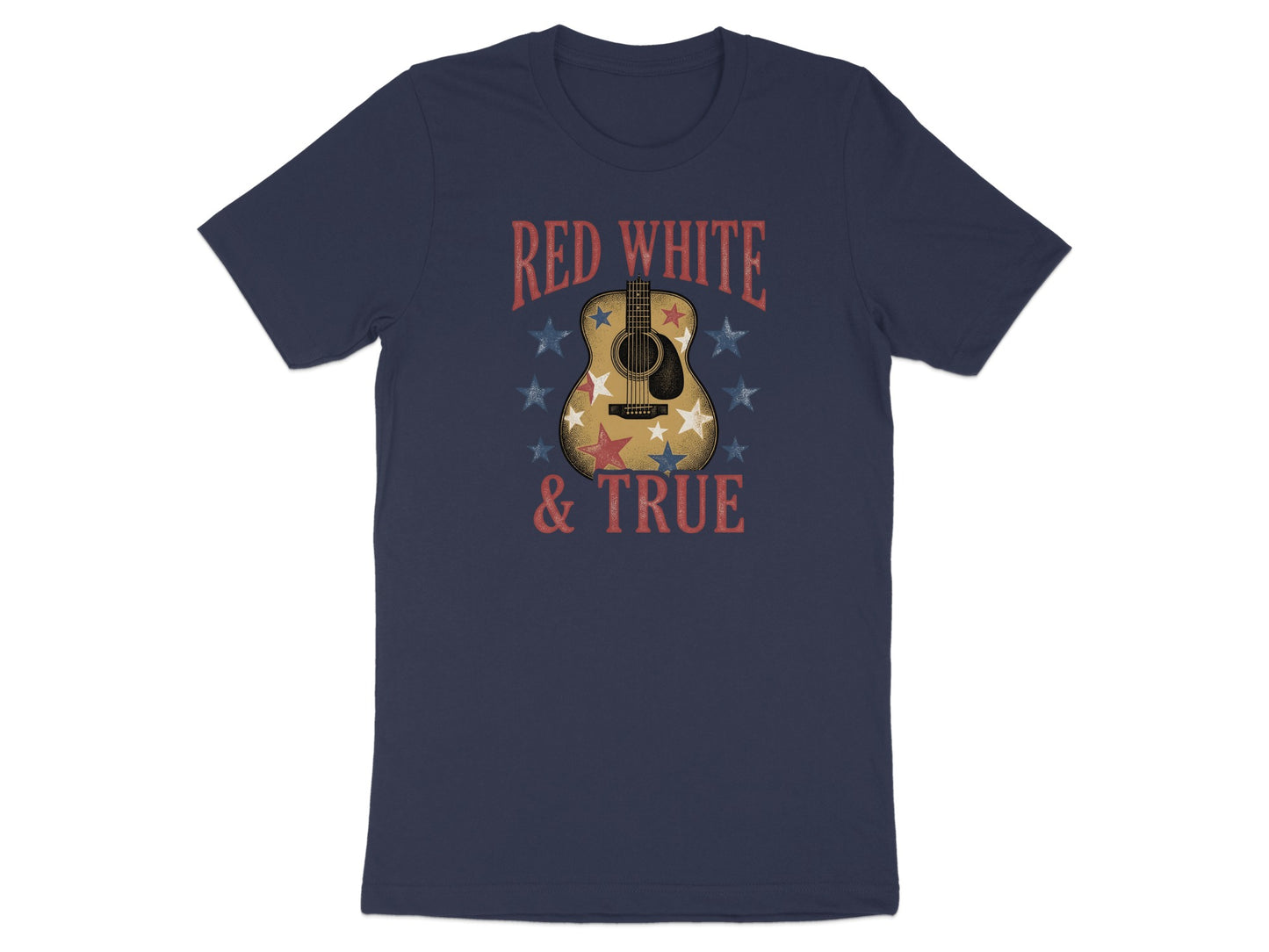 Navy t-shirt with "Red White & True" and a guitar with stars.
