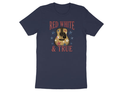Navy t-shirt with "Red White & True" and a guitar with stars.