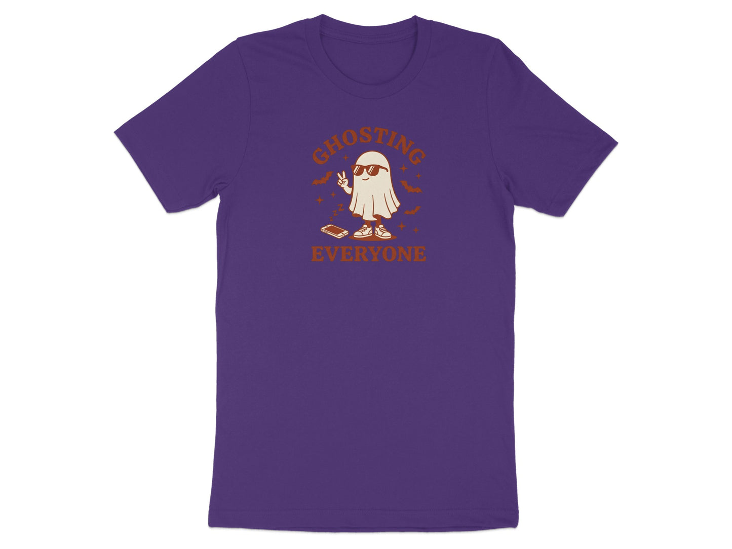 Ghosting Everyone graphic on a purple t-shirt with a ghost making peace sign.