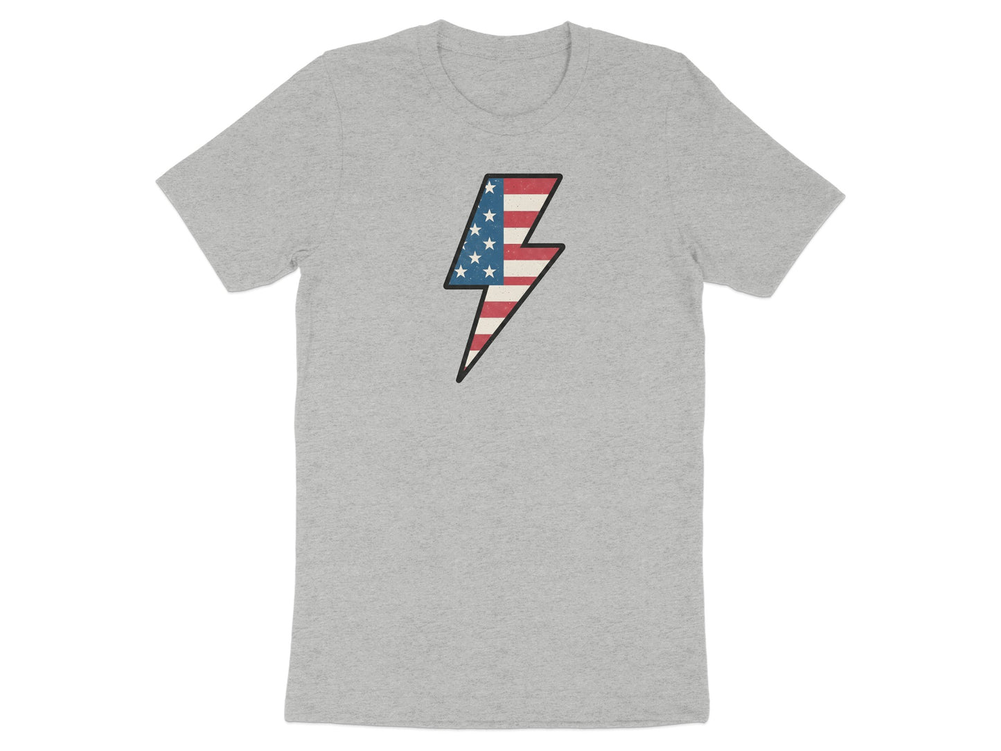 Gray t-shirt with a lightning bolt graphic featuring the American flag design.