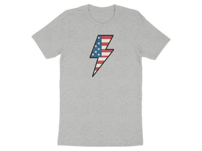 Gray t-shirt with a lightning bolt graphic featuring the American flag design.