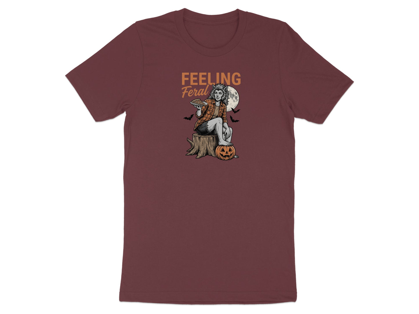 Werewolf woman with pie on pumpkin under moon, text "FEELING Feral".