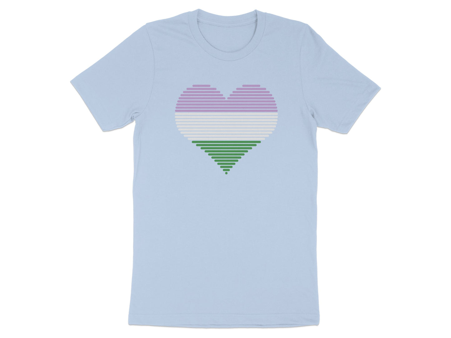 Light blue t-shirt with a striped heart in purple, pink, green, and white.