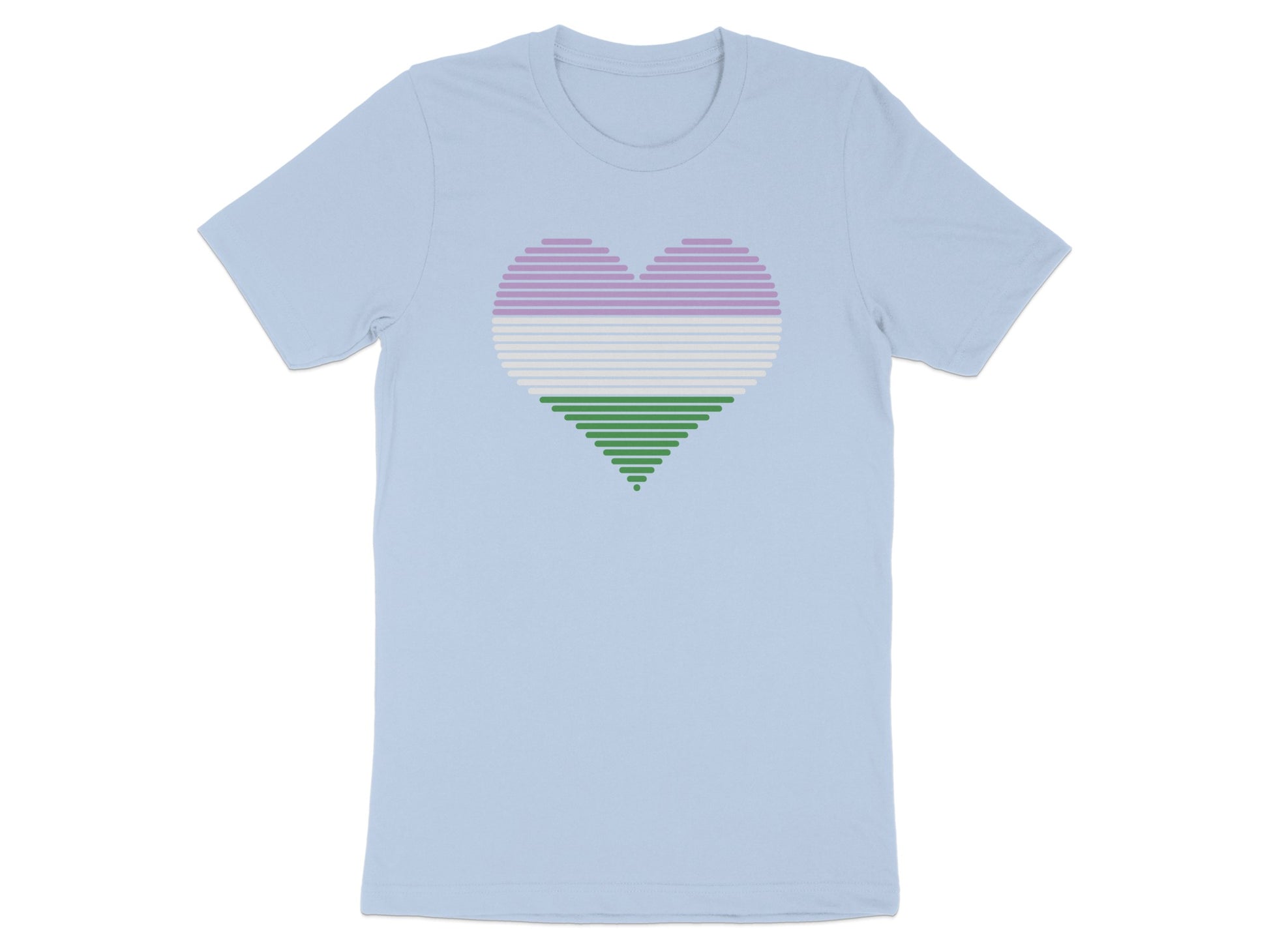 Light blue t-shirt with a striped heart in purple, pink, green, and white.