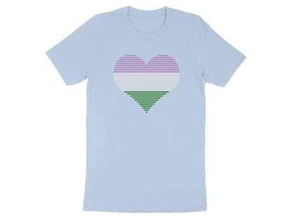 Light blue t-shirt with a striped heart in purple, pink, green, and white.