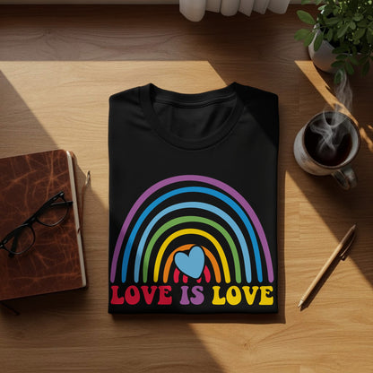 Black t-shirt with colorful rainbow and heart, text "LOVE IS LOVE".