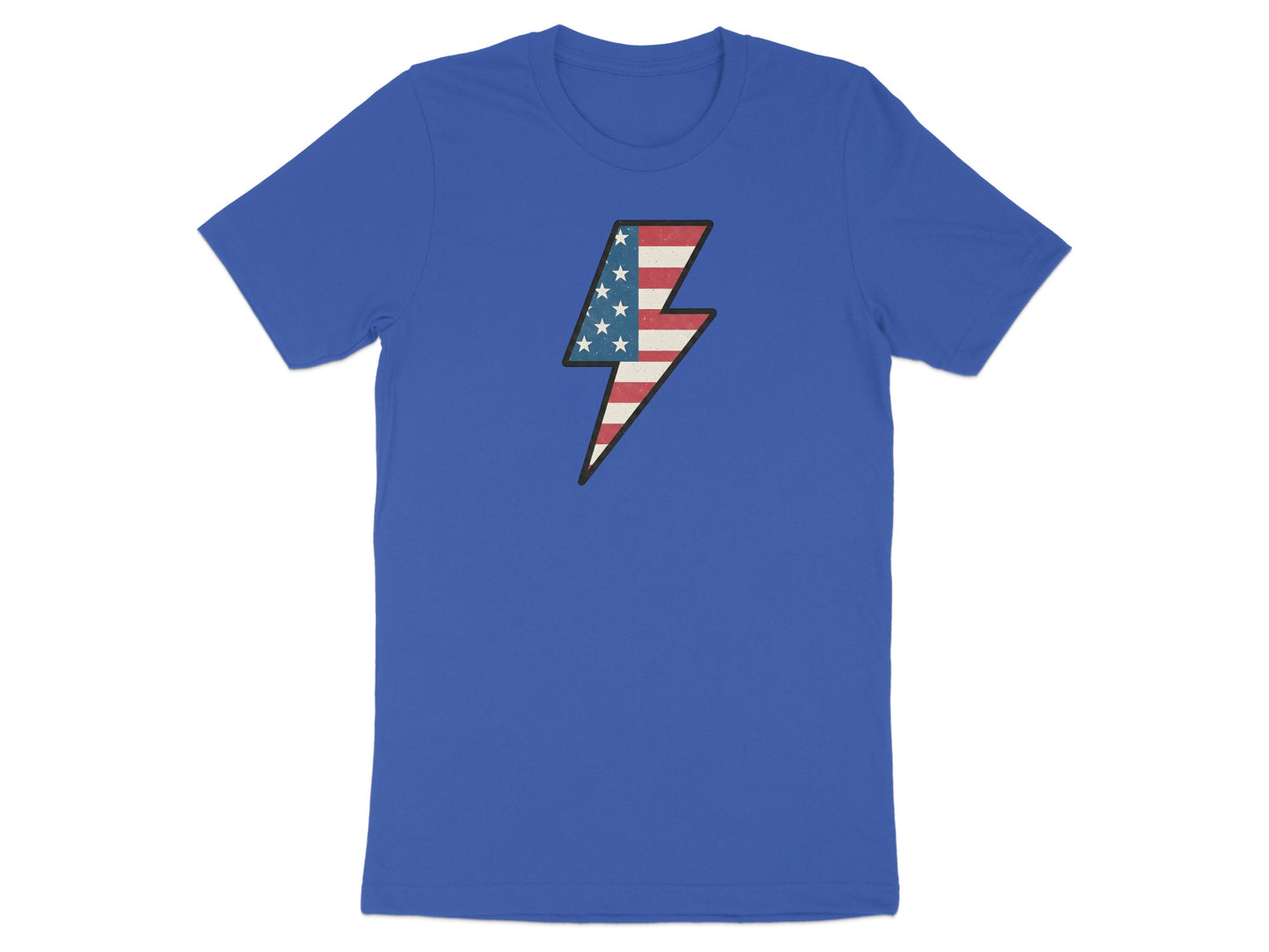 Blue t-shirt with American flag lightning bolt graphic.