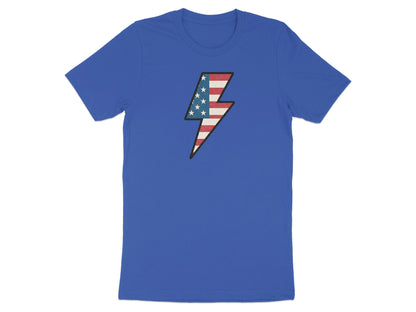 Blue t-shirt with American flag lightning bolt graphic.