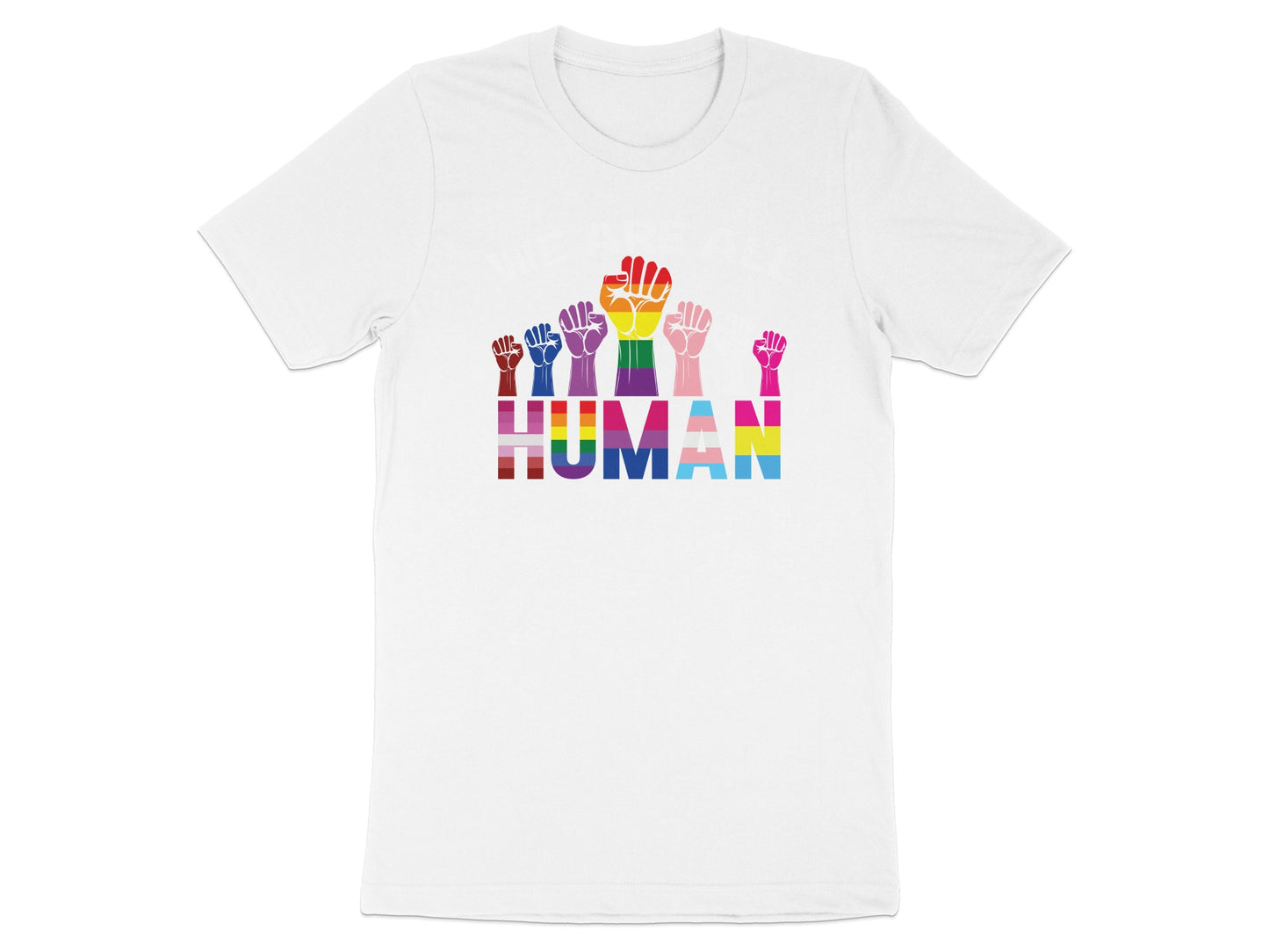 White t-shirt with rainbow-colored fists and "HUMAN" text.