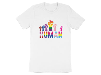 White t-shirt with rainbow-colored fists and "HUMAN" text.