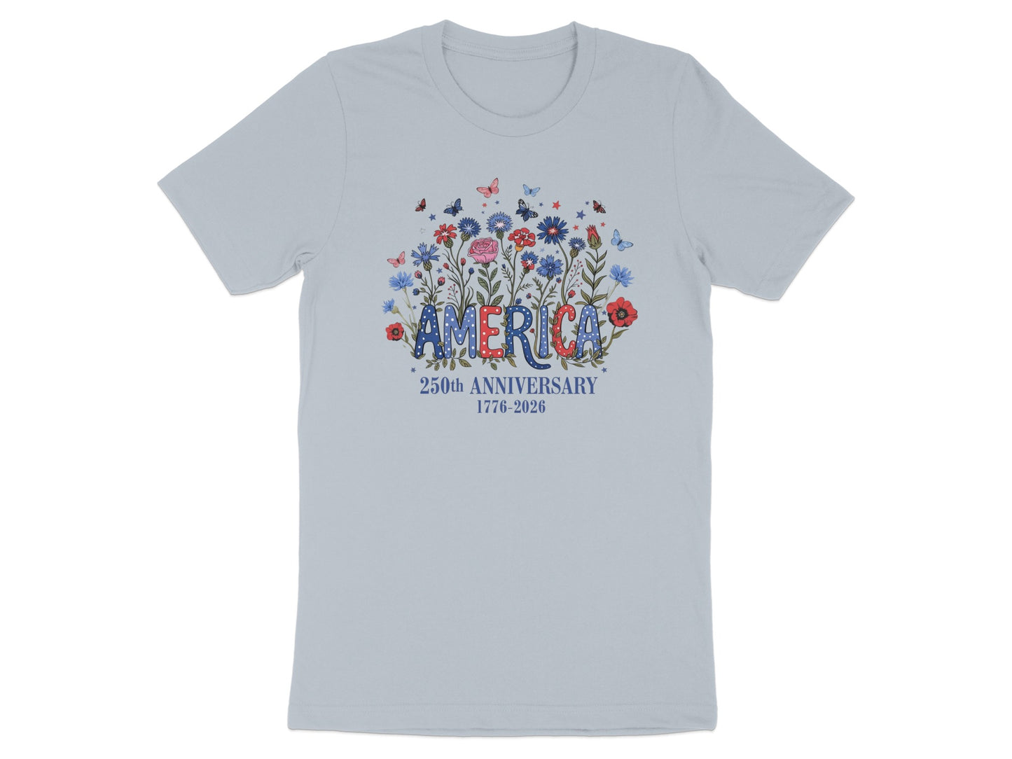 Light blue t-shirt with "America" and "250th Anniversary 1776-2026" text.
