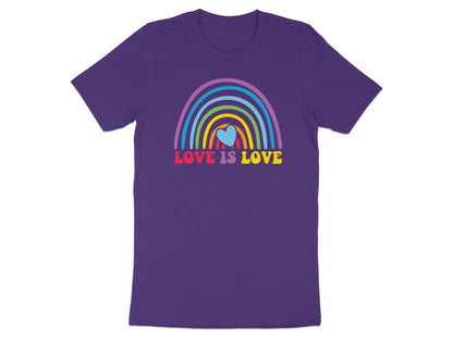 Purple t-shirt with rainbow and "LOVE IS LOVE" text.