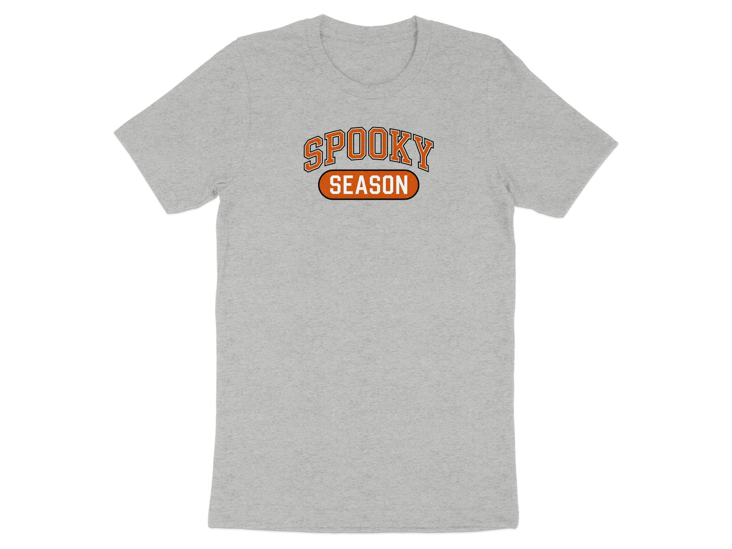 Grey t-shirt with orange and black "SPOOKY SEASON" text graphic.