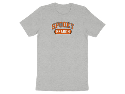 Grey t-shirt with orange and black "SPOOKY SEASON" text graphic.