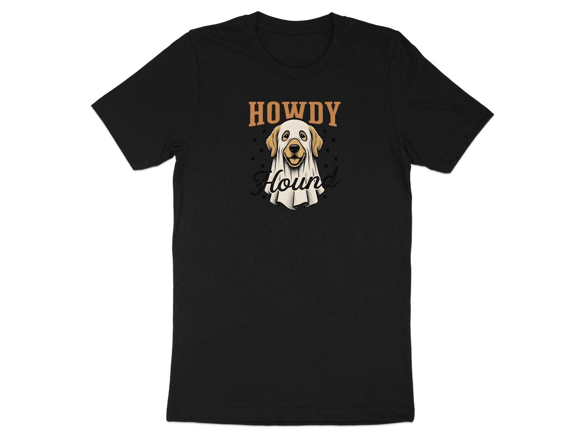 Black t-shirt with a dog wearing a ghost costume and text "Howdy Hound".