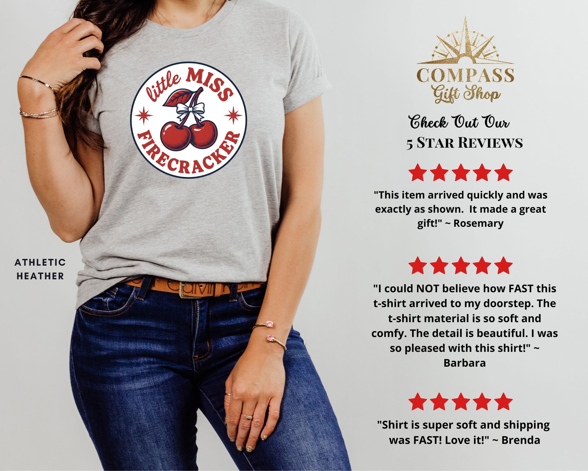 Grey t-shirt with "Little Miss Firecracker" graphic and customer reviews.