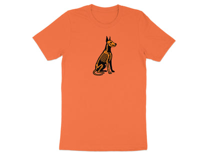 Orange t-shirt with a black and orange dog skeleton graphic.