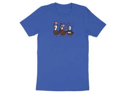 Three cartoon ducks wearing patriotic hats and bowties, holding flags with fireworks.
