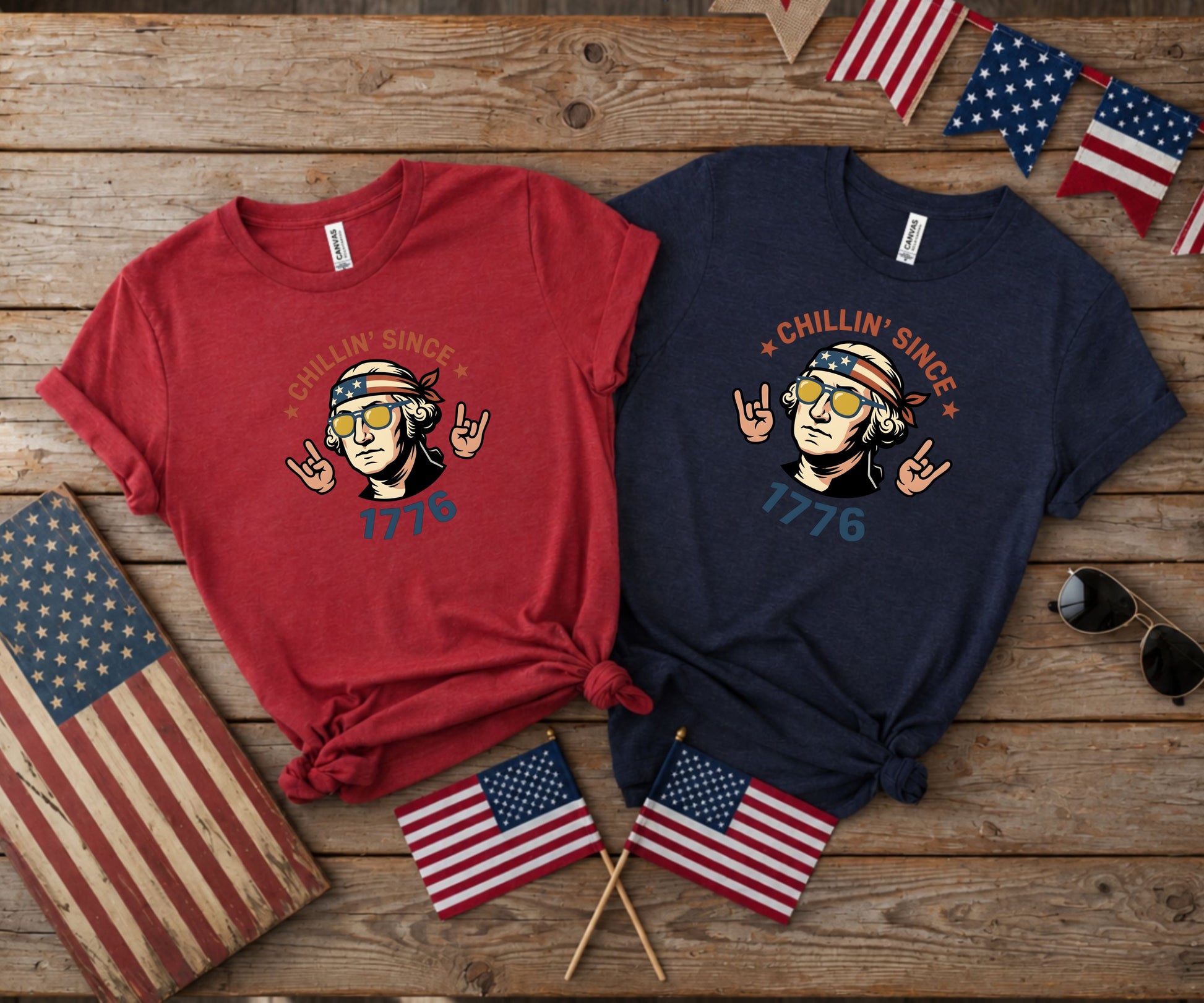 Red and navy t-shirts with George Washington graphic and "Chillin' Since 1776" text.