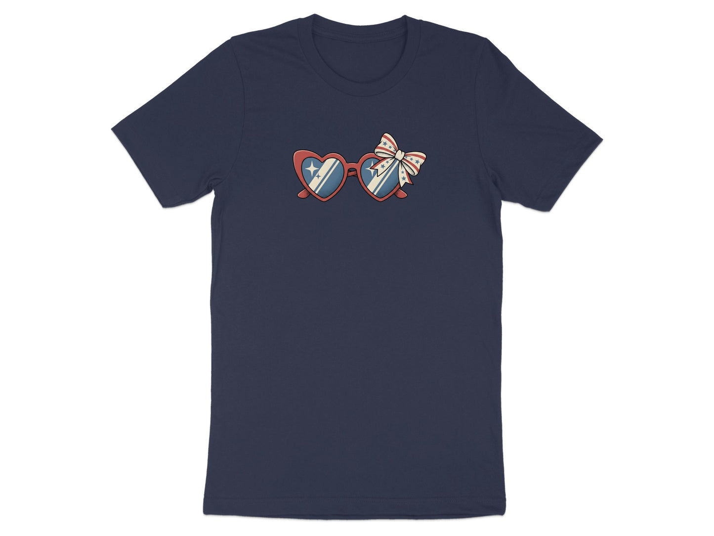Navy t-shirt with heart-shaped sunglasses graphic featuring stars and a bow.