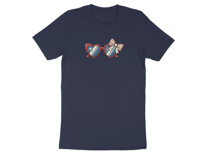 Navy t-shirt with heart-shaped sunglasses graphic featuring stars and a bow.