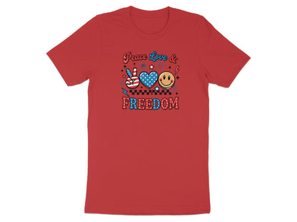 Red t-shirt with "Peace Love Freedom" and patriotic graphics.