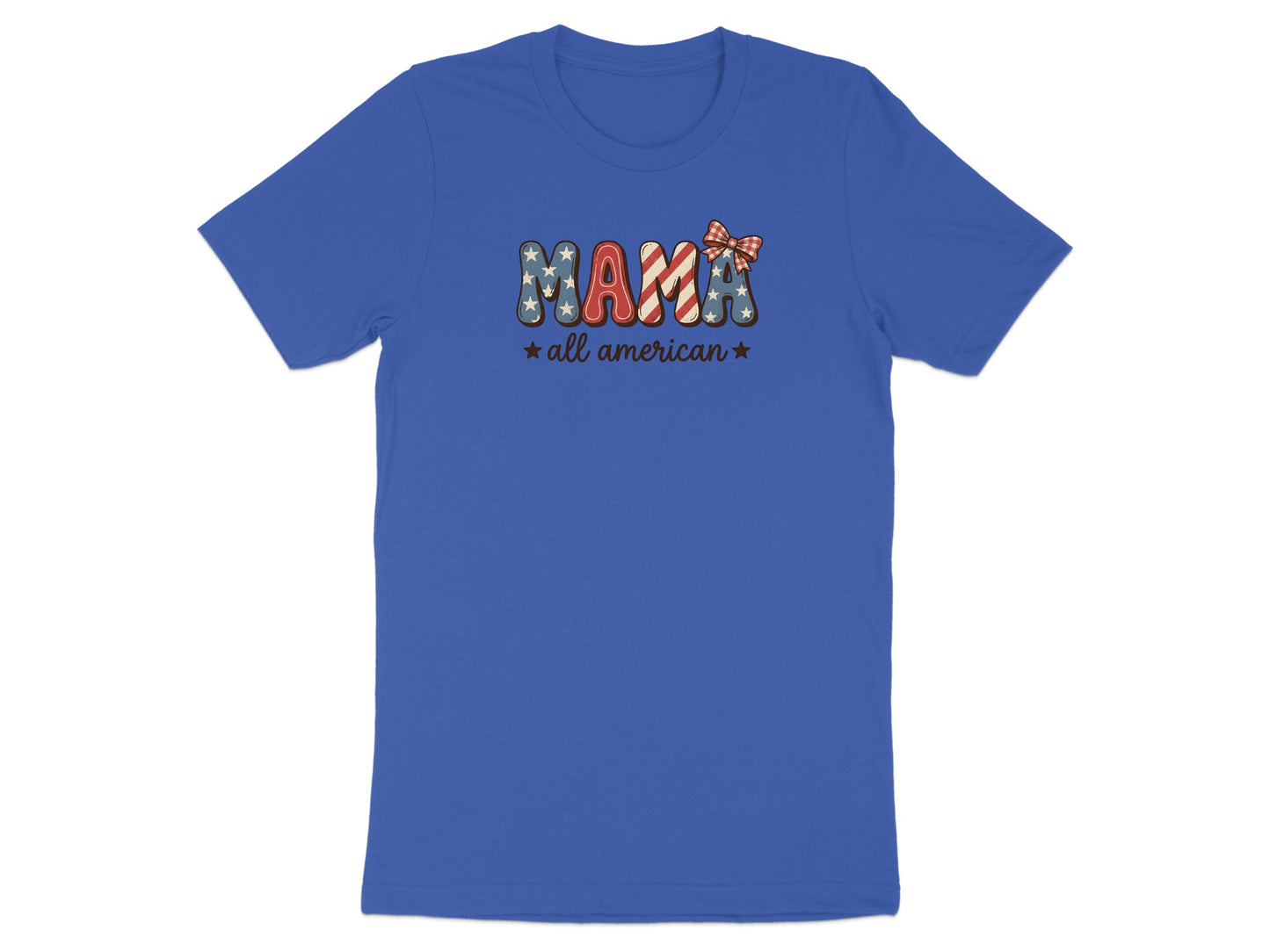 Blue t-shirt with "MAMA" in patriotic lettering and "all american" below.