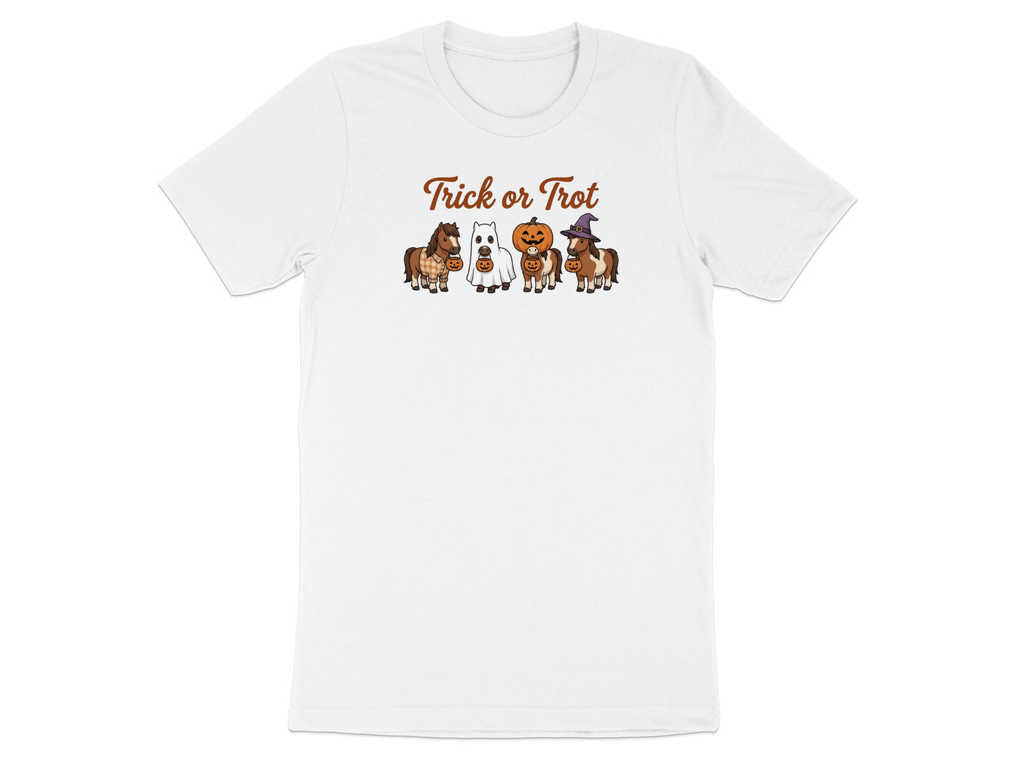 White t-shirt with "Trick or Trot" and ponies in Halloween costumes.