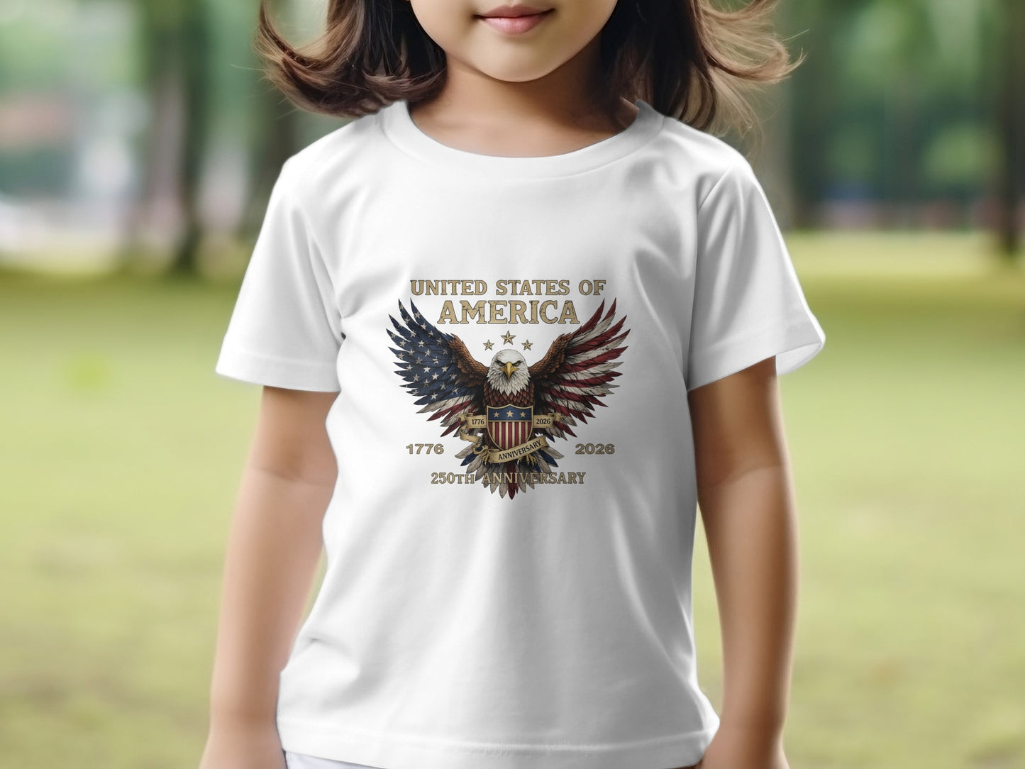 White t-shirt with an eagle graphic and "United States of America" text.