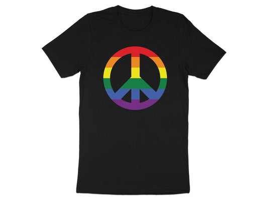Black t-shirt with a rainbow peace symbol.
