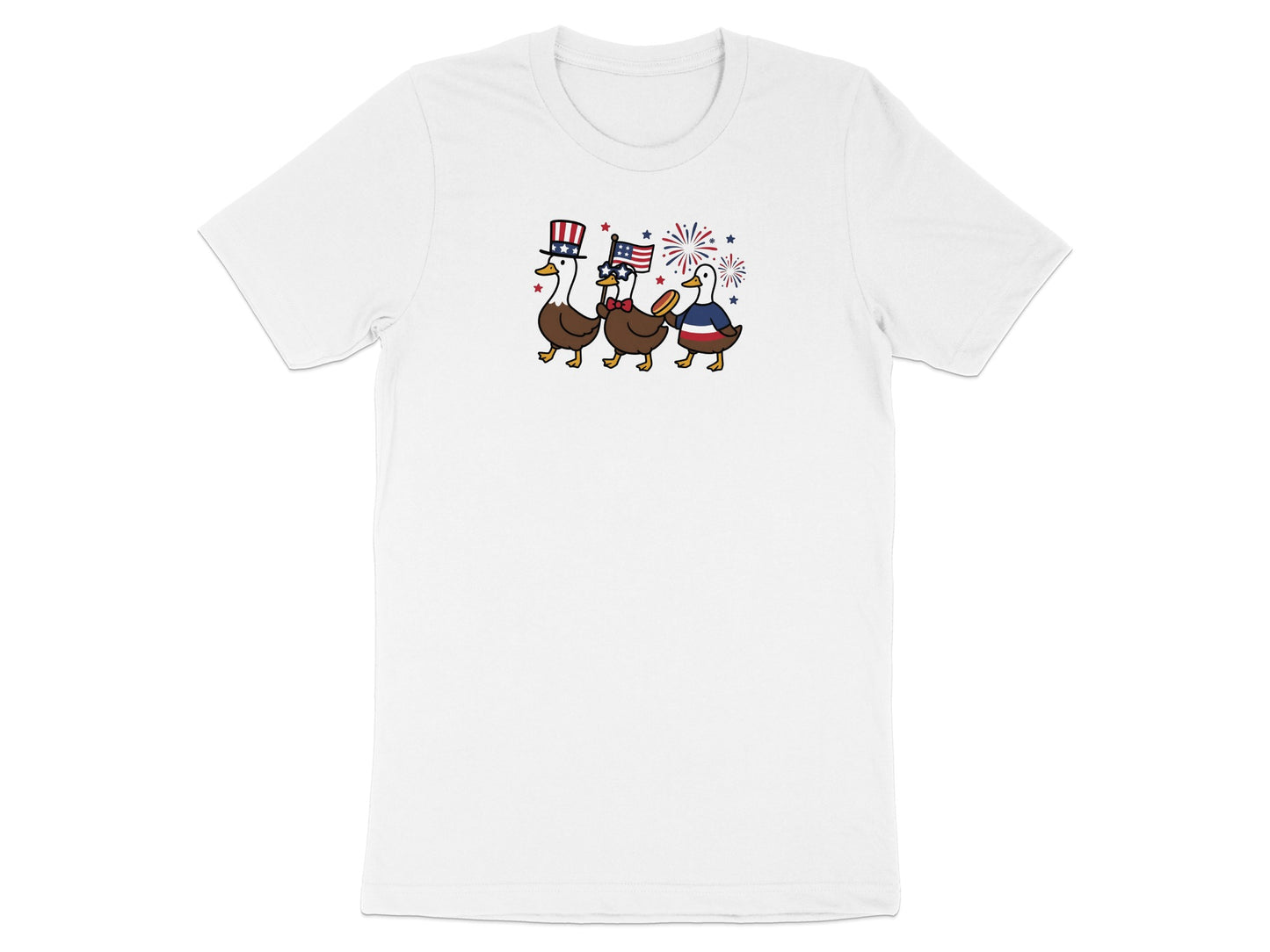 Three cartoon ducks in patriotic hats and holding flags, with fireworks.