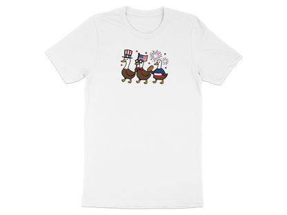 Three cartoon ducks in patriotic hats and holding flags, with fireworks.