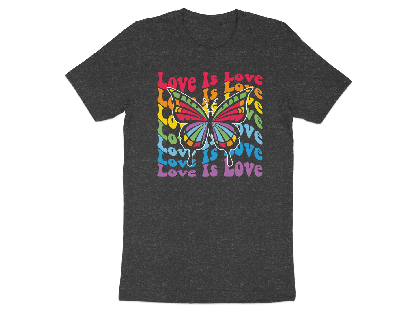 Dark grey t-shirt with colorful retro butterfly and "Love Is Love" text.