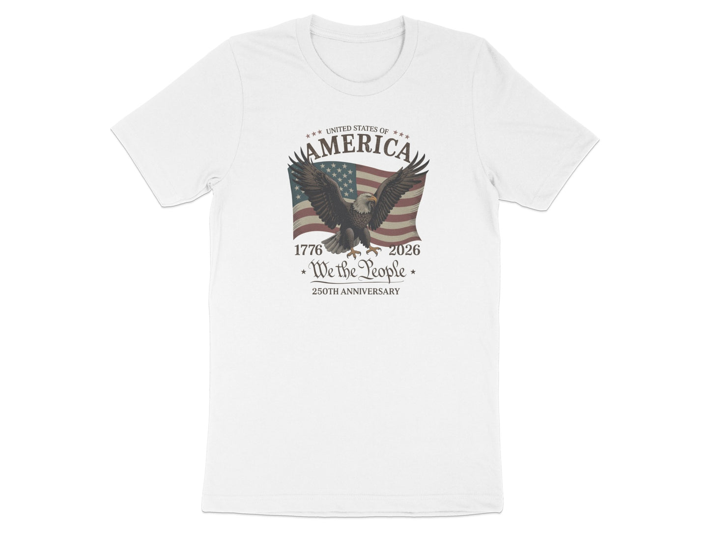 White t-shirt with eagle, American flag, and "250th Anniversary" text.