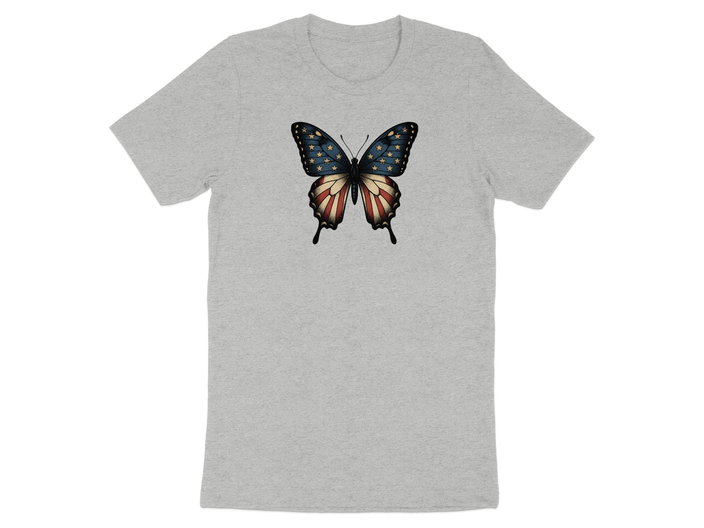 Grey t-shirt with a butterfly design featuring the American flag.